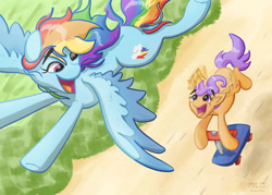 Size: 1280x915 | Tagged: safe, artist:kirbyliscious, rainbow dash, scootaloo, pegasus, pony, g4, atg 2021, duo, female, flying, happy, newbie artist training grounds, open mouth, scooter
