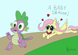Size: 1920x1358 | Tagged: safe, artist:darkdabula, fluttershy, spike, dragon, pegasus, pony, g4, chase, duo, female, male, running, ship:flutterspike, shipping, straight