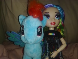 Size: 4096x3072 | Tagged: safe, artist:user15432, rainbow dash, human, pegasus, pony, g4, amaya raine, crossover, doll, irl, multicolored hair, photo, plushie, rainbow hair, rainbow high, toy