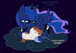 Size: 781x547 | Tagged: safe, artist:danielarkansanengine, pipsqueak, princess luna, alicorn, earth pony, pony, g4, 2016, cloud, colt, female, lying down, male, mare, mother figure, night, on back, sleeping, stars, text