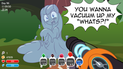 Size: 3840x2160 | Tagged: safe, artist:badumsquish, derpibooru exclusive, oc, oc:tremble, goo, goo pony, human, monster pony, original species, pony, beatrix lebeau, blushing, bush, clothes, dialogue, duo, embarrassed, female, food, forest, fps, fruit, gloves, heads up display, high res, hud, implied scat, offscreen character, pov, raised hooves, slime, slime rancher, talking to viewer, tree, video game, yelling