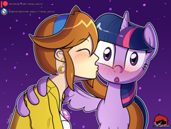 Size: 4000x3000 | Tagged: safe, artist:thealjavis, twilight sparkle, alicorn, human, pony, elements of justice, g4, ace attorney, athena cykes, blushing, crossover, crossover shipping, female, hug, kissing, lesbian, shipping, twilight sparkle (alicorn), wholesome, winghug, wings