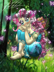 Size: 1536x2048 | Tagged: safe, artist:mlp-france-yt, fluttershy, butterfly, equestria girls, g4, barefoot, blushing, breasts, cleavage, feet, female, forest, nail polish, sitting, smiling, solo, toenail polish