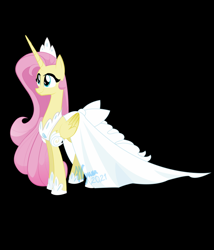 Size: 746x873 | Tagged: safe, artist:natalysweeneyart, fluttershy, alicorn, pony, g4, alicornified, black background, clothes, dress, female, fluttercorn, folded wings, hoof shoes, jewelry, looking away, looking up, mare, princess fluttershy, race swap, simple background, smiling, solo, standing, three quarter view, tiara, white dress, wings