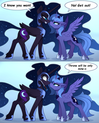 Size: 2500x3110 | Tagged: safe, artist:yakovlev-vad, edit, editor:bandwidth, nightmare moon, princess luna, alicorn, pony, :<, >:3, angry, blue background, boop, broken english, cheek fluff, chest fluff, concave belly, constellation, crown, cute, death threat, duality, duo, duo female, ear fluff, engrish, ethereal mane, eye contact, female, floppy ears, folded wings, frown, glare, gradient background, grammar error, grin, grumpy, helmet, high res, hoof fluff, imminent murder, it was at this moment that she knew she fucked up, jewelry, knife, lacrimal caruncle, leg fluff, lidded eyes, looking at each other, lunabetes, magic, mare, nose wrinkle, noseboop, pocket knife, pouting, regalia, s1 luna, scrunchy face, self ponidox, simple background, slim, smiling, smirk, smug, spread wings, starry mane, sweat, switchblade, telekinesis, temptation, thin, this will end in pain and/or death, threat, threatening, wall of tags, weapon, wing fluff, wings