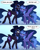 Size: 2500x3110 | Tagged: safe, artist:yakovlev-vad, edit, editor:bandwidth, nightmare moon, princess luna, alicorn, pony, g4, :<, >:3, angry, blue background, boop, broken english, cheek fluff, chest fluff, concave belly, constellation, constellation hair, crown, cute, death threat, duality, duo, duo female, ear fluff, engrish, ethereal mane, eye contact, female, floppy ears, folded wings, frown, glare, gradient background, grammar error, grin, grumpy, helmet, high res, hoof fluff, imminent murder, it was at this moment that she knew she fucked up, jewelry, knife, lacrimal caruncle, leg fluff, lidded eyes, looking at each other, lunabetes, magic, mare, nose wrinkle, noseboop, pocket knife, pouting, regalia, s1 luna, scrunchy face, self ponidox, simple background, slender, smiling, smirk, smug, spread wings, starry mane, sweat, switchblade, telekinesis, temptation, thin, this will end in pain and/or death, threat, threatening, wall of tags, weapon, wing fluff, wings