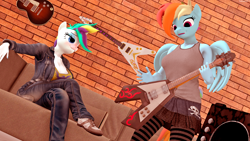 Size: 3840x2160 | Tagged: safe, artist:sebaxn, rainbow dash, rarity, pegasus, unicorn, anthro, g4, 3d, alternate hairstyle, breasts, cleavage, clothes, commission, female, grin, high res, lesbian, open mouth, open smile, punk, raripunk, ship:raridash, shipping, smiling, source filmmaker, tank top