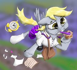 Size: 2200x2008 | Tagged: safe, artist:chopsticks, derpy hooves, pegasus, pony, g4, alarm clock, atg 2021, bag, book, clock, clothes, crumbs, eraser, floppy ears, flying, food, high res, late, muffin, necktie, newbie artist training grounds, paper, pencil, saddle bag, school uniform, schoolgirl, shirt, shoes, skirt, socks, that pony sure does love muffins, toothbrush