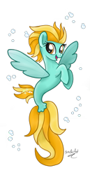 Size: 837x1626 | Tagged: safe, artist:jessyxkisuxkata, lightning dust, pegasus, pony, seapony (g4), g4, base used, bubble, dorsal fin, female, fin wings, fish tail, flowing tail, looking at you, open mouth, open smile, seaponified, seapony lightning dust, signature, simple background, smiling, smiling at you, solo, species swap, tail, transparent background, wings, yellow eyes