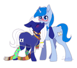 Size: 2118x1872 | Tagged: safe, artist:honeybbear, oc, oc only, earth pony, pony, unicorn, blushing, clothes, earth pony oc, eyebrows, eyebrows visible through hair, eyes closed, female, fourth doctor's scarf, horn, male, mare, nuzzling, oc x oc, scarf, shipping, simple background, smiling, stallion, straight, striped scarf, transparent background, unicorn oc