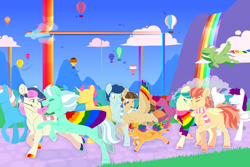 Size: 4500x3000 | Tagged: safe, artist:jackiebloom, aunt holiday, auntie lofty, bon bon, curly winds, lyra heartstrings, some blue guy, sweetie drops, wiz kid, earth pony, pegasus, pony, unicorn, g4, balloon, cloud, equestria girls ponified, female, gay, high res, hot air balloon, lesbian, lgbt, male, mare, missing cutie mark, ponified, pride flag, rainbow, rainbow waterfall, ship:lofty day, ship:lyrabon, ship:wizwinds, shipping, stallion
