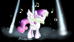 Size: 1280x720 | Tagged: safe, artist:princessfaeron, sweetie belle, alicorn, pony, g4, alicornified, flute, magic, music notes, musical instrument, race swap, solo, spotlight, sweetiecorn