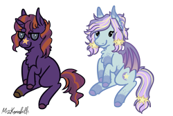Size: 1287x867 | Tagged: safe, artist:misskanabelle, oc, oc only, bat pony, pony, unicorn, bat pony oc, bat wings, chest fluff, commission, duo, ear fluff, female, glasses, horn, mare, signature, simple background, smiling, transparent background, unicorn oc, wings, ych result
