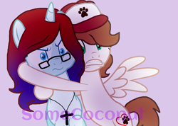 Size: 1397x997 | Tagged: safe, artist:somecoconut, oc, oc only, pegasus, pony, unicorn, base used, bust, cross, female, frown, glasses, gritted teeth, hat, horn, hug, jewelry, mare, necklace, paw prints, pegasus oc, pink background, scared, simple background, unicorn oc, wings