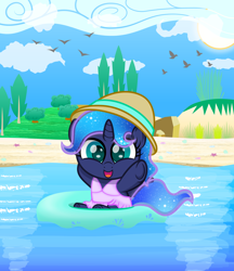 Size: 1862x2160 | Tagged: safe, artist:spellboundcanvas, princess luna, alicorn, bird, pony, g4, atg 2021, beach, bush, clothes, cute, female, filly, filly luna, hat, high res, looking at you, lunabetes, newbie artist training grounds, ocean, one-piece swimsuit, open mouth, open smile, seashell, smiling, smiling at you, solo, sun, swimsuit, tree, water, weapons-grade cute, woona, younger