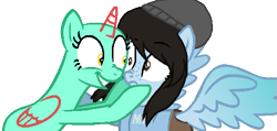 Size: 537x256 | Tagged: safe, artist:somecoconut, oc, oc only, oc:minerva, alicorn, pegasus, pony, alicorn oc, bald, base used, beanie, bust, cheek squish, duo, female, hat, horn, mare, pegasus oc, smiling, squishy cheeks, wide eyes, wings