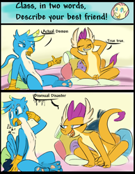 Size: 1403x1809 | Tagged: safe, artist:skunkstripe, fluttershy, gallus, smolder, dragon, griffon, g4, arm behind head, bisexual, comic, dialogue, dragoness, dumb yung-six comics, female, implied smollus, leaning, looking up, paw pads, paws, pillow, sweat, toe beans, underpaw