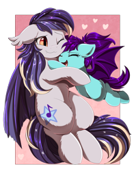 Size: 2750x3509 | Tagged: safe, artist:pridark, oc, oc only, bat pony, pony, bat pony oc, commission, crying, cute, cutie mark, duo, eyes closed, flying, happy, heart, high res, hug, one eye closed, open mouth, smiling, tears of joy, wavy mouth