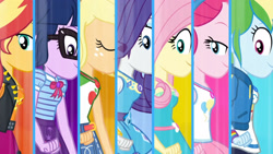 Size: 3410x1920 | Tagged: safe, screencap, applejack, fluttershy, pinkie pie, rainbow dash, rarity, sci-twi, sunset shimmer, twilight sparkle, equestria girls, equestria girls specials, g4, my little pony equestria girls: better together, my little pony equestria girls: rollercoaster of friendship, belt, boobshot, bowtie, bracelet, breast chart, breasts, clothes, cutie mark, cutie mark on clothes, denim skirt, eyes closed, female, geode of empathy, geode of fauna, geode of shielding, geode of sugar bombs, geode of super speed, geode of super strength, geode of telekinesis, glasses, high res, hoodie, humane five, humane seven, humane six, jacket, jewelry, leather, leather jacket, lidded eyes, magical geodes, necklace, rah rah skirt, rarity peplum dress, skirt, smiling, transformation, transformation sequence