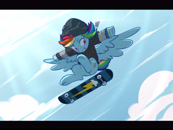 Size: 6000x4500 | Tagged: safe, artist:chub-wub, rainbow dash, pegasus, pony, g4, absurd resolution, backwards cutie mark, beanie, clothes, cloud, cute, dashabetes, dog tags, female, graveyard of comments, grin, hat, mare, shirt, skateboard, skateboarding, sky, smiling, solo, spiked wristband, wristband