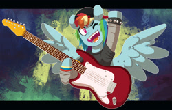 Size: 4832x3108 | Tagged: safe, artist:chub-wub, rainbow dash, pegasus, pony, g4, beanie, clothes, cute, cute little fangs, dashabetes, fangs, female, guitar, hard rock, hat, high res, mare, musical instrument, one eye closed, open mouth, open smile, raised hoof, rock (music), shirt, smiling, solo, spiked wristband, wink, wristband