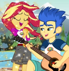 Size: 500x517 | Tagged: safe, edit, edited edit, flash sentry, sunset shimmer, equestria girls, g4, my little pony equestria girls: legend of everfree, female, guitar, male, musical instrument, pier, ship:flashimmer, shipping, straight, water