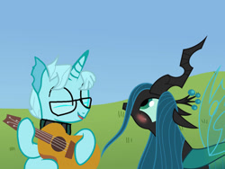 Size: 1032x774 | Tagged: safe, artist:joshchrysalisfan1, queen chrysalis, oc, oc:josh, changeling, changeling queen, g4, blushing, canon x oc, changeling oc, day, eyes closed, female, glasses, guitar, looking up, musical instrument, queenjosh, shipping
