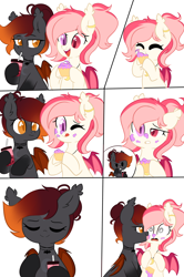 Size: 2000x3015 | Tagged: safe, artist:thieftea, oc, oc only, oc:blood moon, oc:candlelight, bat pony, pony, bat pony oc, blind eye, bubble tea, comic, cupcake, ear piercing, earring, eating, eyes closed, food, herbivore, heterochromia, high res, jewelry, licking, one eye closed, open mouth, open smile, piercing, sipping, smiling, tongue out, wingding eyes, wink