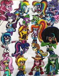 Size: 1024x1325 | Tagged: safe, artist:bozzerkazooers, applejack, dj pon-3, fluttershy, pinkie pie, rainbow dash, rarity, sci-twi, spike, spike the regular dog, sunset shimmer, twilight sparkle, vinyl scratch, oc, oc:afromia, oc:belle harmony, oc:botanica, oc:color kick, oc:hot buns, oc:lip syncer, oc:lucky shot, oc:peach cream, oc:phasionor, oc:the color strikes, dog, equestria girls, g4, dance off, face to face, fight, glare, humane five, humane seven, humane six, making faces, not wallflower blush, pose