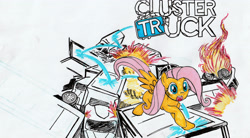 Size: 3295x1820 | Tagged: safe, artist:detour, fluttershy, pegasus, pony, g4, female, fire, high res, mare, open mouth, solo, traditional art, truck