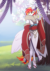 Size: 2481x3507 | Tagged: safe, artist:arctic-fox, oc, oc only, oc:diamond sun, pegasus, anthro, unguligrade anthro, anthro oc, clothes, eye clipping through hair, eyebrows, eyebrows visible through hair, female, flower, flower in hair, high res, kimono (clothing), mare, pegasus oc, solo, wings
