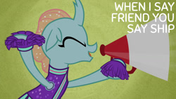 Size: 1280x720 | Tagged: safe, edit, edited screencap, editor:quoterific, screencap, ocellus, changedling, changeling, 2 4 6 greaaat, g4, season 9, cheerleader, cheerleader ocellus, cheerleader outfit, clothes, eyes closed, female, megaphone, open mouth, solo