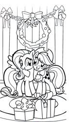 Size: 1019x1789 | Tagged: safe, part of a set, applejack, fluttershy, earth pony, pegasus, pony, g4, official, applejack's hat, bells, black and white, bow, coloring book, cowboy hat, cute, female, grayscale, hat, hearth's warming eve, hearth's warming eve coloring book, hug, imgur, indexed png, jackabetes, mare, monochrome, present, scan, shyabetes, simple background, stock vector, white background, wreath