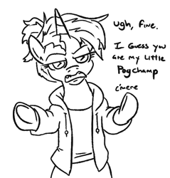 Size: 531x556 | Tagged: safe, artist:jargon scott, oc, oc:okie dokey loki, pony, unicorn, black and white, bronybait, clothes, dialogue, female, filly, grayscale, hoodie, magical lesbian spawn, meme, monochrome, my little pogchamp, offspring, parent:oc:dyx, parent:oc:filly anon, parents:oc x oc, simple background, solo, talking to viewer, white background, wingding eyes