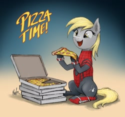 Size: 1920x1796 | Tagged: safe, artist:magfen, derpy hooves, pegasus, pony, g4, commission, cute, derpabetes, female, food, ham, happy, male, mare, meat, open mouth, peetzer, pineapple, pineapple pizza, pizza, pizza box, pizza time, sitting, solo, spider-man, ych result