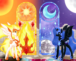Size: 1440x1152 | Tagged: safe, artist:beadedwolf22, daybreaker, nightmare moon, alicorn, pony, g4, duo, duo female, female, frown, looking at each other, mare, siblings, sisters, smiling, smirk, spread wings, stained glass, wings