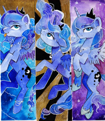Size: 1024x1180 | Tagged: safe, artist:lailyren, princess luna, alicorn, pony, g4, bookmark, solo, tongue out, traditional art, watercolor painting