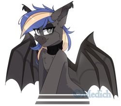 Size: 2641x2312 | Tagged: safe, artist:mediasmile666, oc, oc only, bat pony, pony, bat pony oc, choker, eye clipping through hair, eyebrows, eyebrows visible through hair, female, high res, looking at you, mare, simple background, slit pupils, smiling, smiling at you, transparent background
