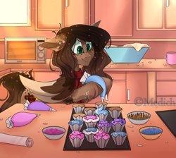 Size: 3532x3169 | Tagged: safe, artist:mediasmile666, oc, oc only, pegasus, pony, baking, cupcake, eye clipping through hair, female, floppy ears, food, high res, hoof hold, kitchen, mare, pegasus oc, smiling, solo, two toned wings, wings