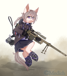 Size: 2623x3000 | Tagged: safe, artist:mediasmile666, oc, oc only, earth pony, pony, cheytac m200 intervention, earth pony oc, eye clipping through hair, female, frown, girls' frontline, gun, high res, looking at you, mare, solo, weapon