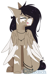Size: 1721x2623 | Tagged: safe, artist:mediasmile666, oc, oc only, pegasus, pony, coat markings, eyebrows, eyebrows visible through hair, eyes closed, female, high res, jewelry, licking, licking lips, mare, pegasus oc, pendant, simple background, sitting, smiling, solo, tongue out, transparent background