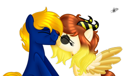 Size: 1298x787 | Tagged: safe, artist:princessmoonsilver, oc, oc:perfect drop, oc:vainille clashier, earth pony, pegasus, pony, female, horns, kissing, male, mare, simple background, stallion, transparent background, two toned wings, wings