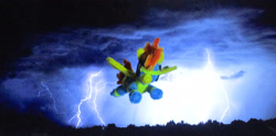 Size: 3017x1481 | Tagged: safe, artist:malte279, part of a set, spitfire, pegasus, pony, g4, chenille, chenille stems, chenille wire, clothes, craft, flying, lightning, photo, pipe cleaner sculpture, pipe cleaners, sculpture, sky, solo, thunderstorm, uniform, wonderbolts uniform