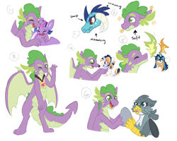 Size: 1498x1200 | Tagged: safe, artist:l00giedoogie, gabby, princess ember, spike, twilight sparkle, oc, oc:astrid comet, oc:pieridae, alicorn, dragon, griffon, pony, g4, female, male, offspring, older, parent:sunburst, parent:twilight sparkle, parents:twiburst, ship:spabby, shipping, straight, twilight sparkle (alicorn), winged spike, wings