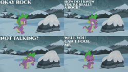 Size: 1280x720 | Tagged: safe, edit, edited screencap, editor:quoterific, screencap, spike, dragon, g4, season 6, the times they are a changeling, crossed arms, eyes closed, male, open mouth, rock, snow, solo