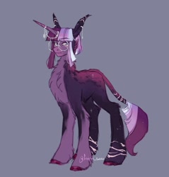 Size: 1959x2048 | Tagged: safe, artist:sannateacupss, oc, oc only, pony, unicorn, chest fluff, ear piercing, earring, female, fluffy, glasses, horn, horn jewelry, jewelry, leonine tail, magical lesbian spawn, mare, offspring, parent:tempest shadow, parent:twilight sparkle, parents:tempestlight, piercing, simple background, solo