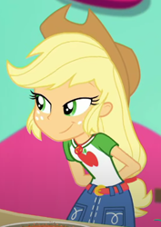 Size: 370x522 | Tagged: safe, screencap, applejack, equestria girls, g4, my little pony equestria girls: better together, tip toppings, tip toppings: applejack, belt, clothes, cropped, cutie mark, cutie mark on clothes, denim skirt, geode of super strength, jewelry, magical geodes, necklace, skirt, smiling, smirk, solo