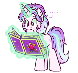 Size: 3717x3480 | Tagged: dead source, safe, artist:cherritoppu, oc, oc only, oc:star struck, pony, unicorn, ..., book, glowing horn, high res, horn, magic, magical lesbian spawn, offspring, parent:starlight glimmer, parent:trixie, parents:startrix, reading, simple background, solo, telekinesis, thinking, white background