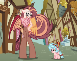 Size: 2884x2285 | Tagged: dead source, safe, artist:cherritoppu, cozy glow, oc, draconequus, hybrid, pegasus, pony, anthro, unguligrade anthro, g4, anthro with ponies, building, draconequus oc, duo, female, filly, high res, interspecies offspring, offspring, parent:discord, parent:fluttershy, parents:discoshy, smiling