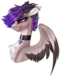 Size: 1988x2525 | Tagged: safe, artist:ouijaa, oc, oc only, oc:ouija, black sclera, chest fluff, collar, countershading, fangs, horns, licking, licking lips, piercing, tongue out, tongue piercing, wings